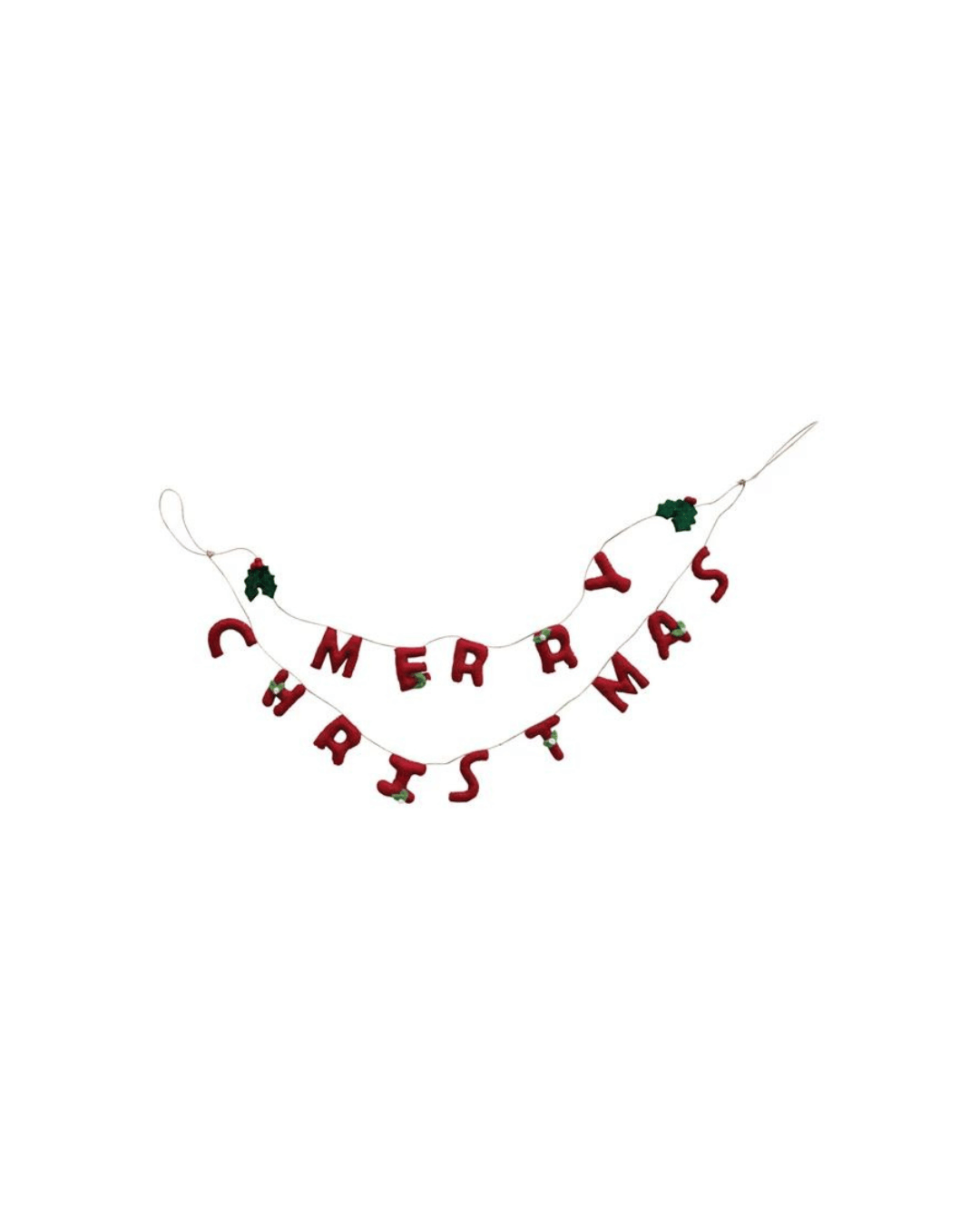 The "Merry Christmas" Garland by Creative Co-op features red and white letters with festive garlands of small green Christmas tree decorations between some of the letters, all elegantly hanging on a string.