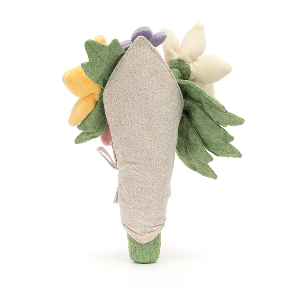 The Jelly Cat Inc. Bouquet of Flowers features soft, colorful fabric blooms with green leaves, wrapped in beige cloth and tied with string—an ideal gift—displayed upright against a white background.