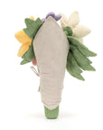 The Jelly Cat Inc. Bouquet of Flowers features soft, colorful fabric blooms with green leaves, wrapped in beige cloth and tied with string—an ideal gift—displayed upright against a white background.