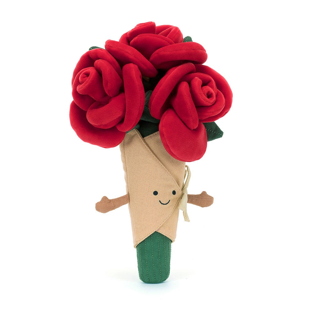 The Jelly Cat Inc. Amuseables Rose Bouquet is a plush toy designed as a smiling rose bouquet with vibrant, soft red roses. It features a charming light brown wrap and a green base resembling a rose stem, making it an ideal floral gift for any occasion.