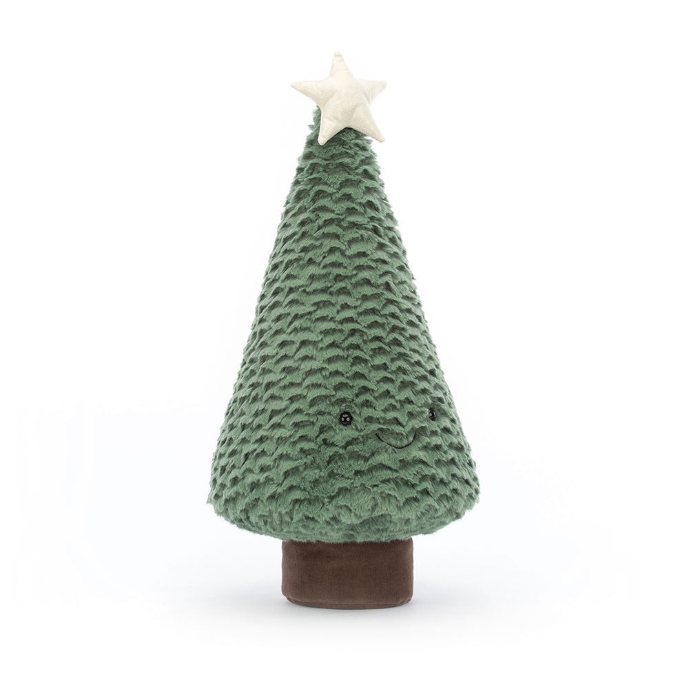 Introducing the Amuseables Blue Spruce by Jelly Cat Inc., a delightful plush toy that resembles a charming green Christmas tree. It features a fuzzy texture, topped with an adorable white star. The tree has tiny black eyes and a cheerful smile, standing on a brown base to bring festive charm to your holiday table.