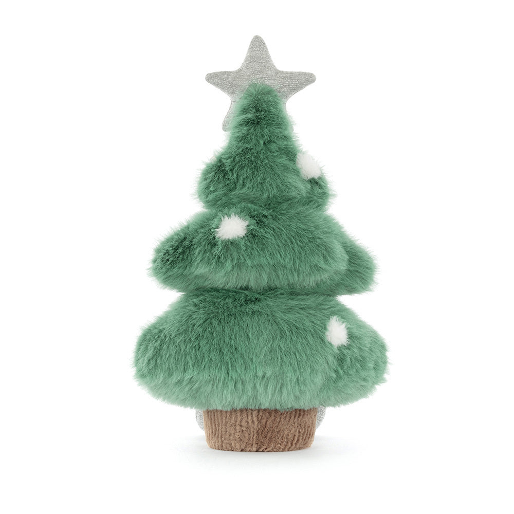 The Amuseables Christmas Tree by Jelly Cat Inc. is a plush toy with soft green branches, white snow spots, a gray star, and a brown base—perfect as adorable festive decor.
