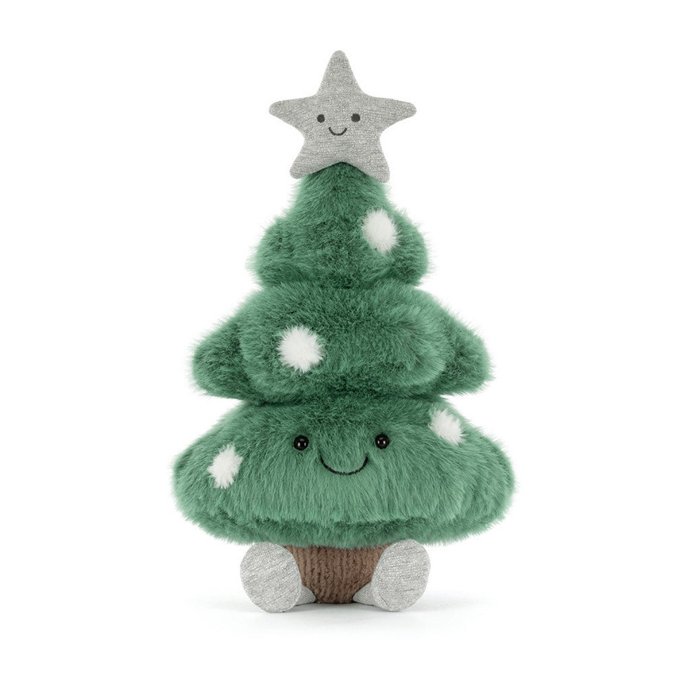 The Jelly Cat Inc. Amuseables Christmas Tree is a plush with a smiling face, white ornament spots, a soft star top, and two round feet—a festive green and brown holiday decor piece perfect for Christmas cheer.