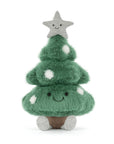 The Jelly Cat Inc. Amuseables Christmas Tree is a plush with a smiling face, white ornament spots, a soft star top, and two round feet—a festive green and brown holiday decor piece perfect for Christmas cheer.
