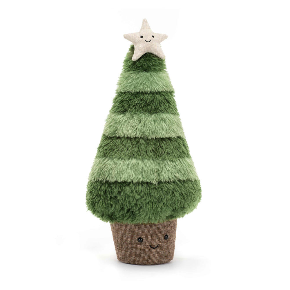 The Amuseables Nordic Spruce by Jelly Cat Inc. is a plush toy designed like a Christmas tree, showcasing a smiling face in three shades of green. It is adorned with a cheerful star on top and sits in a brown textured linen pot resembling an alternative festive tree, complete with its own adorable smile.