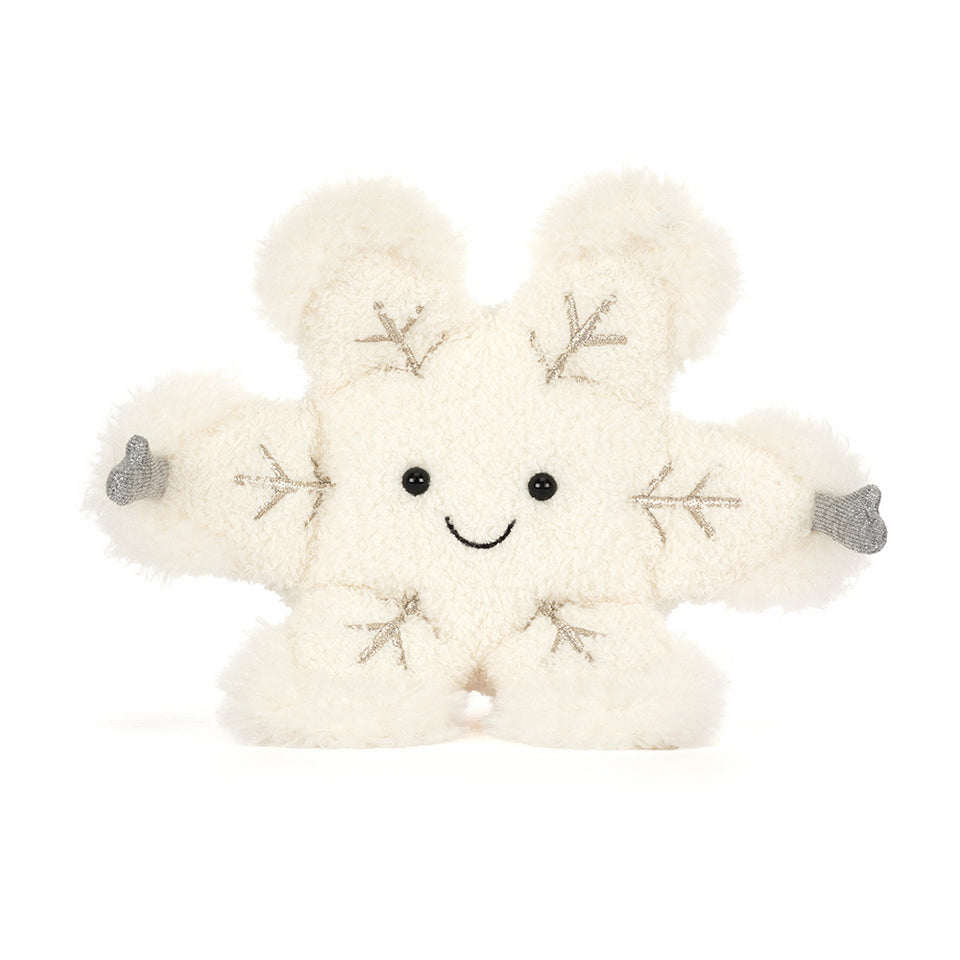 Meet the Amuseable Snowflake by Jelly Cat Inc.—a plush snowflake with a smiling face, black button eyes, gray mittened arms, and silver embroidered details, perfect for adding sparkle to your collection!.