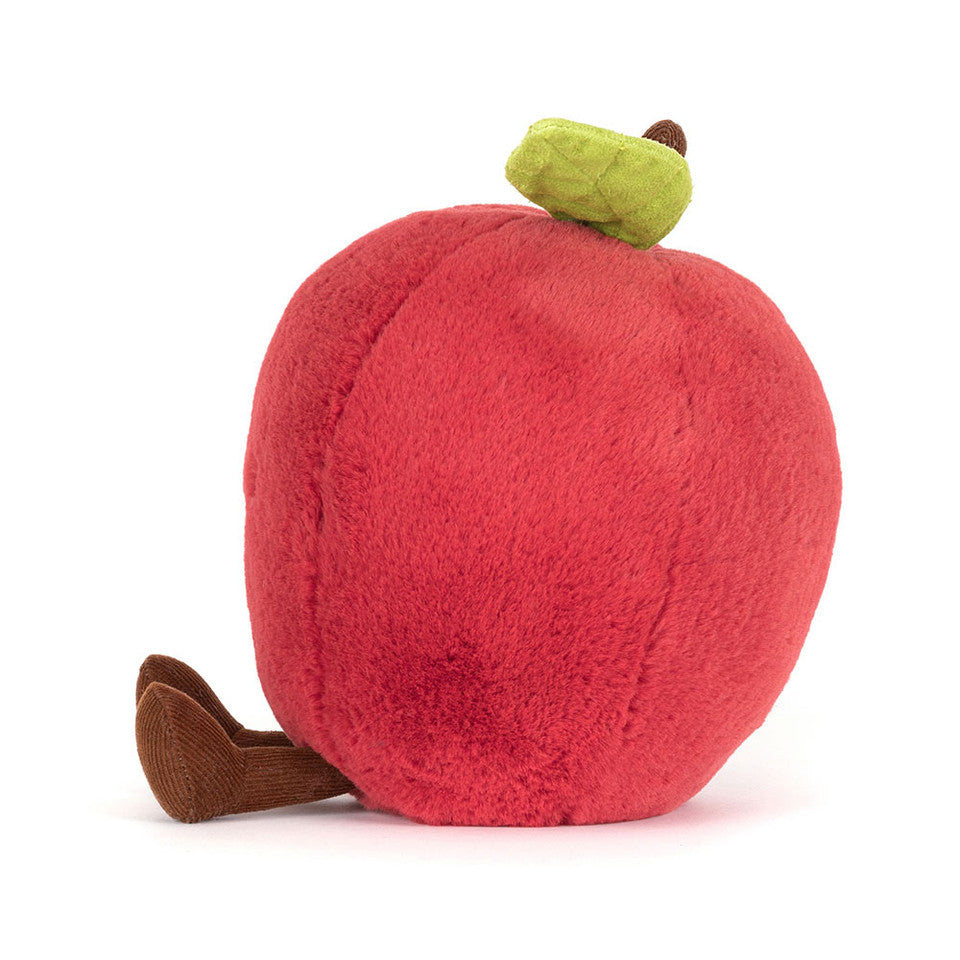The Amuseables Apple by Jelly Cat Inc. is a plush toy shaped like a red apple with a brown stem and green leaf, crafted from soft, fuzzy fabric and shown on a plain white background.