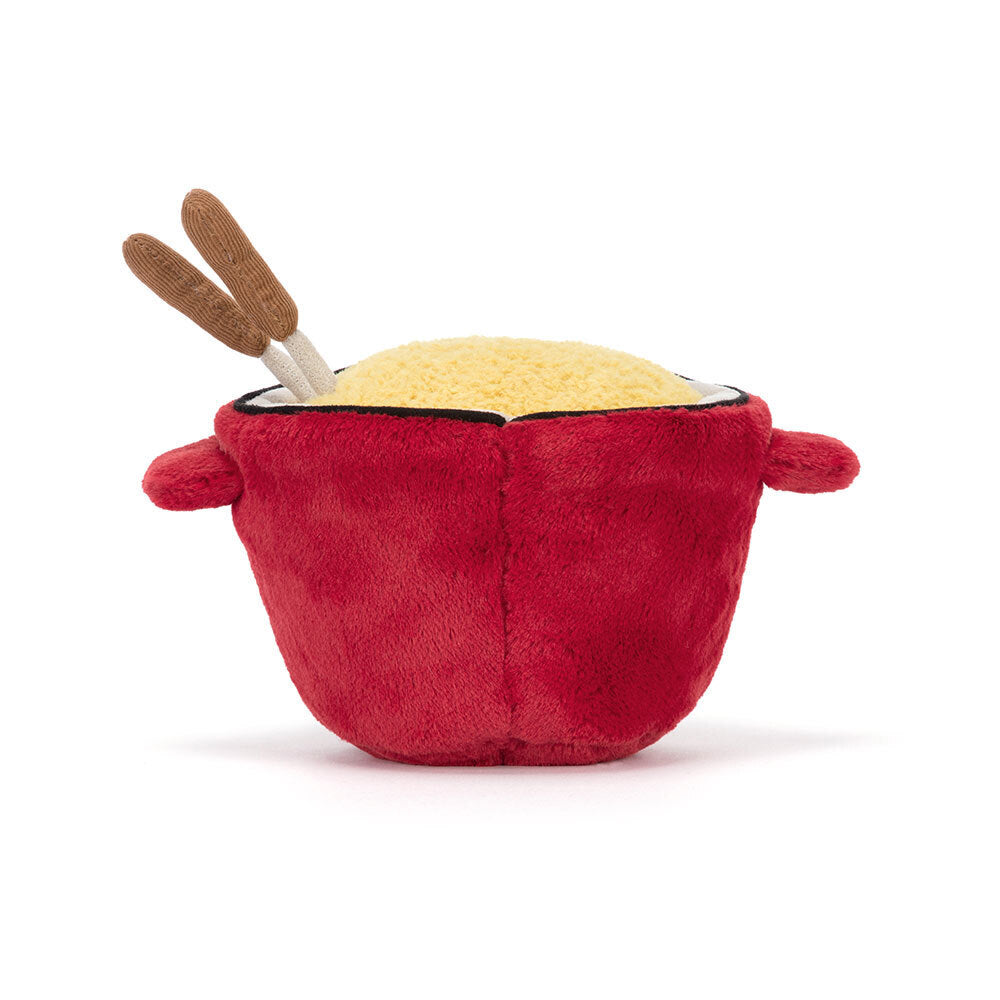 Jelly Cat Inc.'s Amuseables Cheese Fondue is a plush toy shaped like a red bowl with two handles, yellow textured top, and brown chopsticks—a fun Swiss-inspired soft toy with a fuzzy finish, perfect for themed dinner parties.
