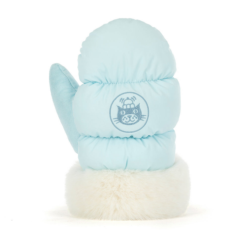 The Amuseables Mitten by Jelly Cat Inc. is a light blue mitten with white faux fur cuffs, decorated with a cartoon cat face and crown—a cozy, playful companion for any quiet day.