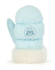 The Amuseables Mitten by Jelly Cat Inc. is a light blue mitten with white faux fur cuffs, decorated with a cartoon cat face and crown—a cozy, playful companion for any quiet day.