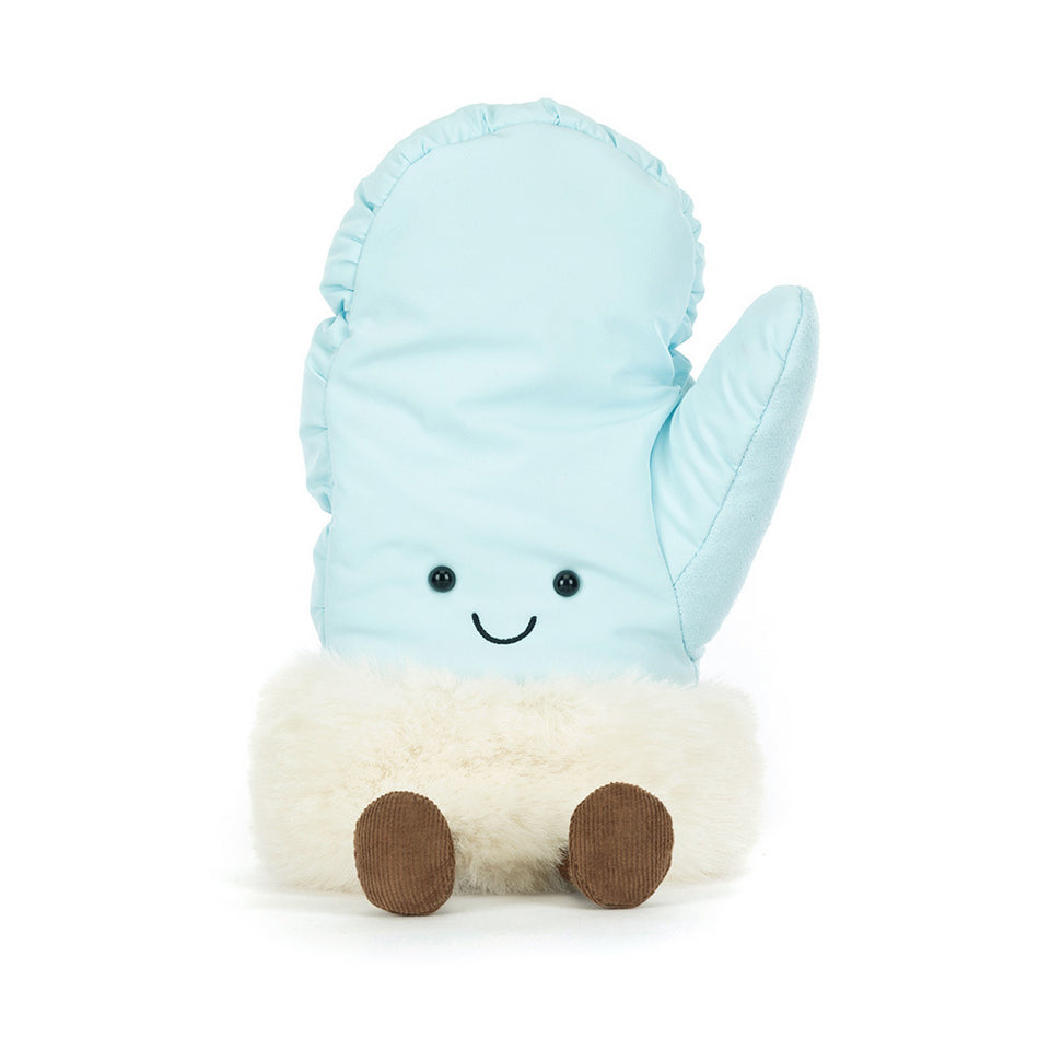 The Amuseables Mitten plush toy by Jelly Cat Inc. is a light blue mitten with a smiling face, black eyes, brown corduroy feet, and a fluffy white cuff, sitting upright against a white background.