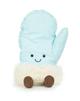 The Amuseables Mitten plush toy by Jelly Cat Inc. is a light blue mitten with a smiling face, black eyes, brown corduroy feet, and a fluffy white cuff, sitting upright against a white background.