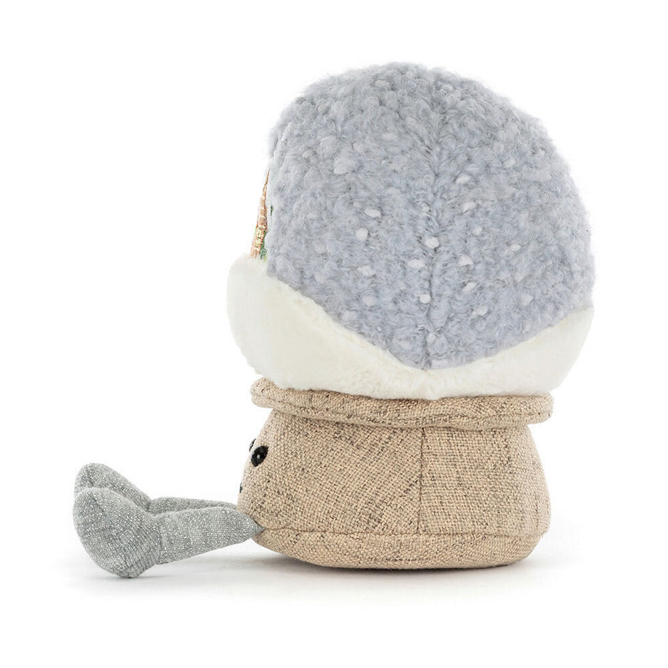 The Amuseables Snow Globe by Jelly Cat Inc. is an adorable plush toy shaped like a snow globe, featuring festive details—perfect as an après ski or ski gift—shown in side view on a white background.