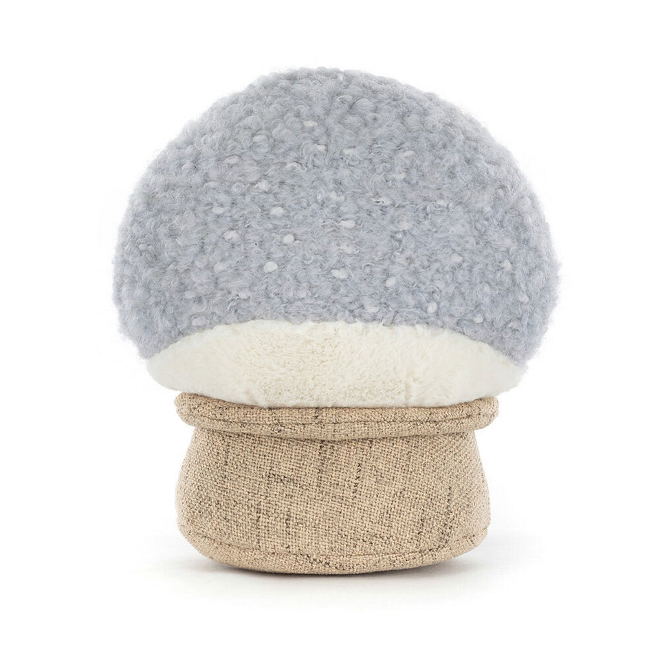 The Amuseables Snow Globe plush toy by Jelly Cat Inc. features a textured, light blue cap, a soft white underside, and a beige stem—making it an irresistibly fluffy and cozy ski gift for après ski relaxation.