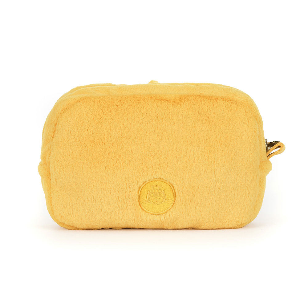 The Amuseables Sun Pouch by Jelly Cat Inc. is a small, rectangular, plush yellow pouch with a soft texture and stitched circular logo, featuring a right-side zipper—your cheerful accessory for sunshine on the go.