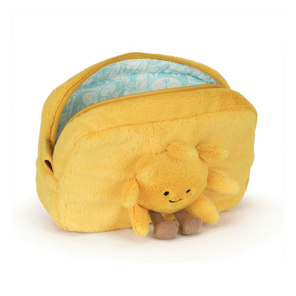 The Jelly Cat Inc. Amuseables Sun Pouch features a soft yellow zippered design with a smiling plush sun and a light blue patterned interior—a cheerful accessory to brighten your day.