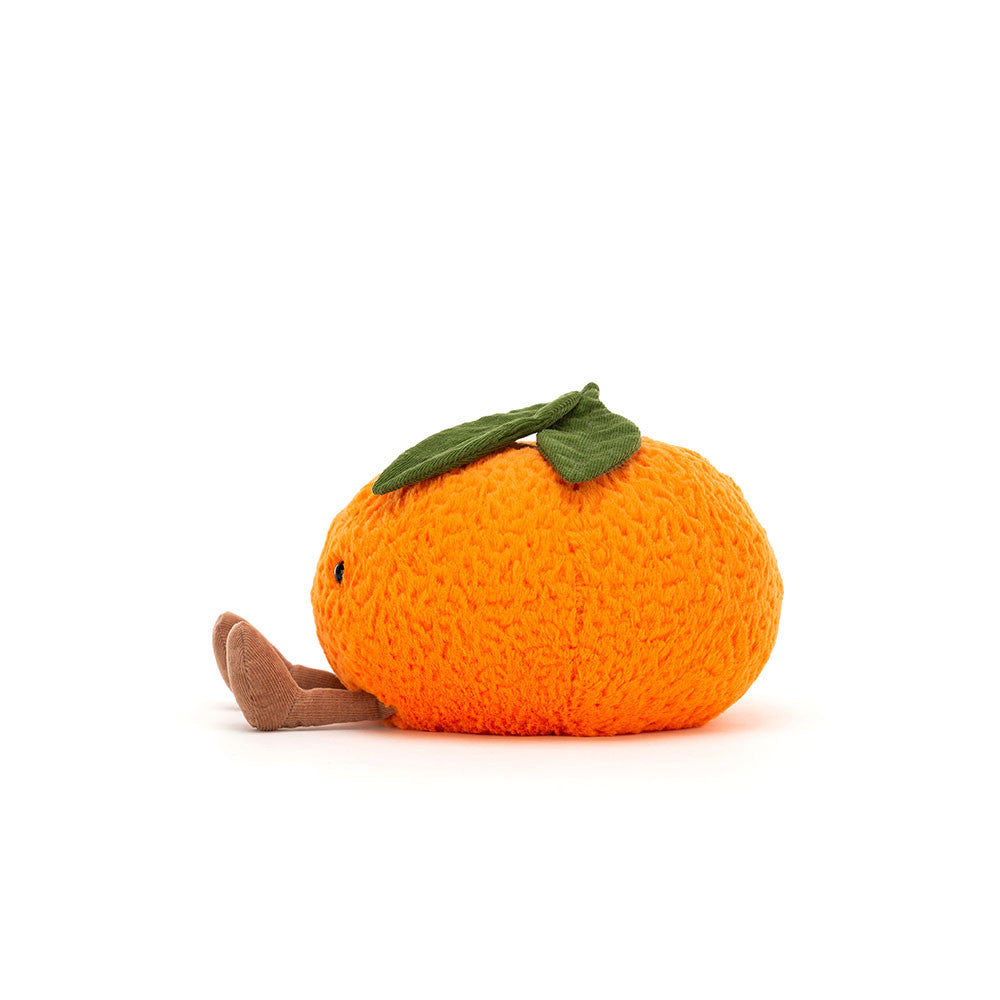 The Amuseables Clementine SM by Jelly Cat Inc. is a cute orange-shaped plush with a textured surface, green leaf, black eyes, and brown feet—ideal as a festive gift or for tucking into a Christmas stocking.