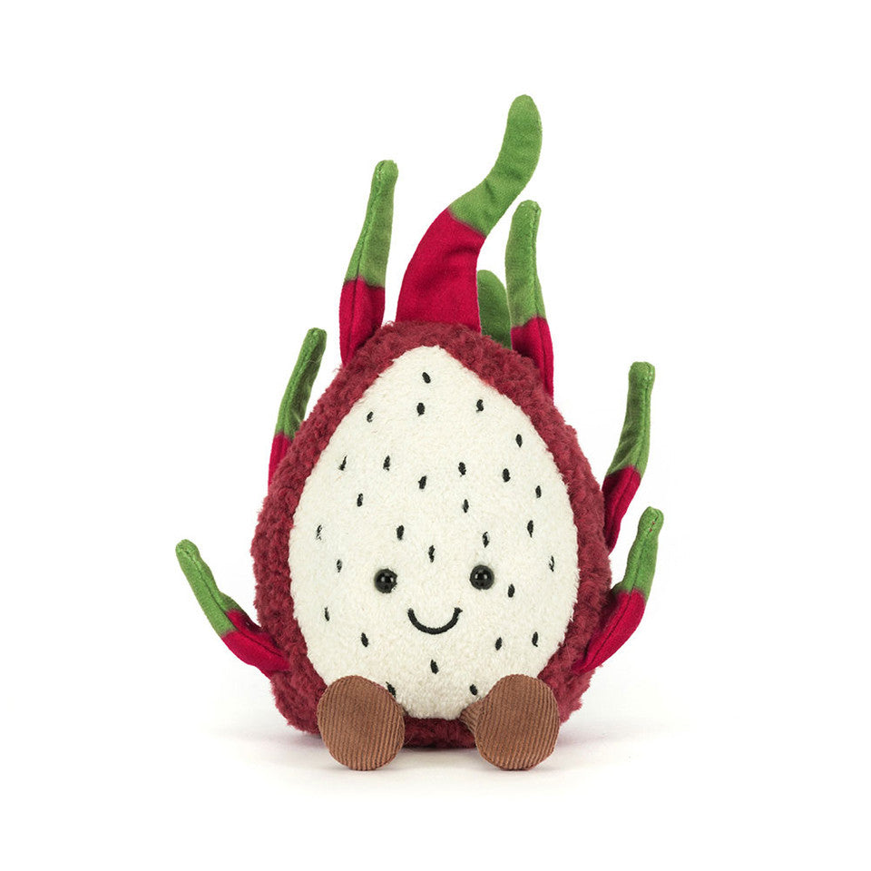 Jelly Cat Inc.'s Dragon Fruit is a plush toy with an exotic exterior, white center dotted with black seeds, smiling face, brown feet, and red-green leafy touches, all set against a white background.
