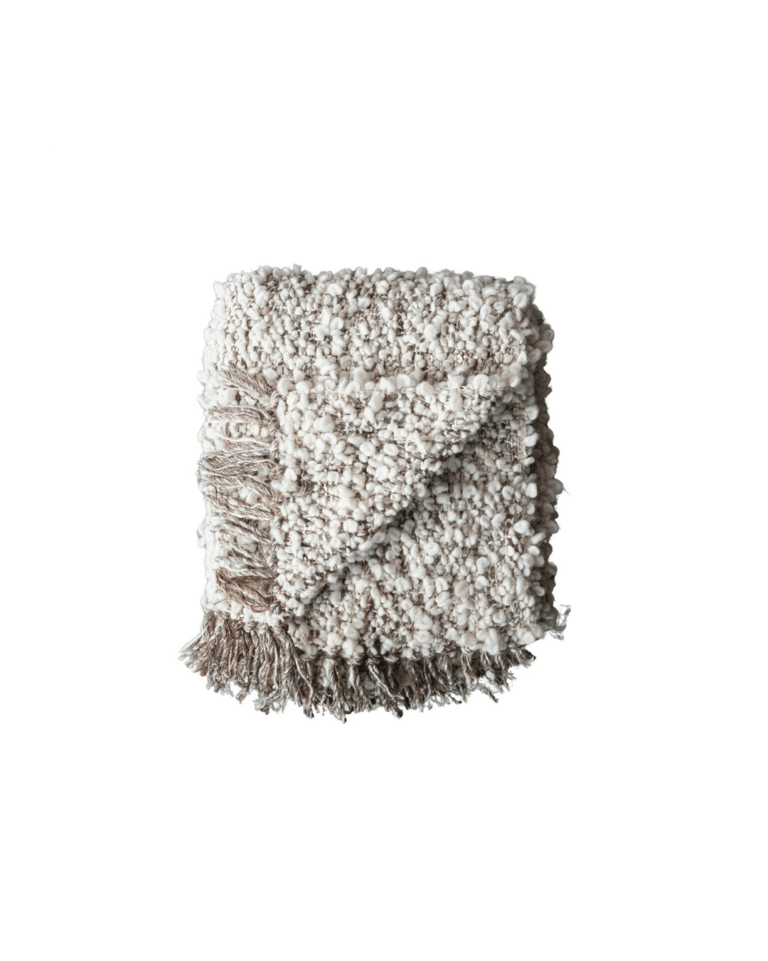 The New Zealand Wool Shag Throw by Bloomingville, crafted from a soft wool blend and featuring a textured surface in white and beige hues, is neatly folded with its fringed edges on display. It is set against a simple white background and bordered in green, enhancing its luxurious appeal.