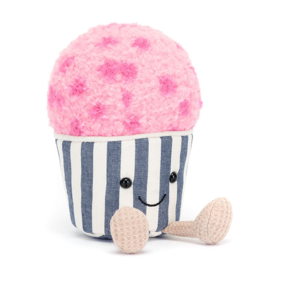 Introducing the Amuseables Gelato plush toy from Jelly Cat Inc.: an adorable treat with a Strawberry Pink fluffy top and a striped blue-and-white wrapper. Featuring a cheerful smile and petite beige feet, this charming companion is bound to add joy to every playtime!