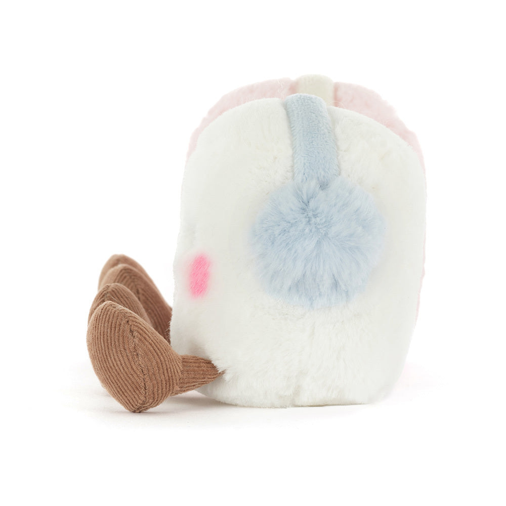 The Amuseables Toastie Pink And White Marshmallows plush by Jelly Cat Inc. is a soft, white toy with a pastel blue patch, pink blush, and brown floppy ears, resembling sweet pink and white marshmallows.