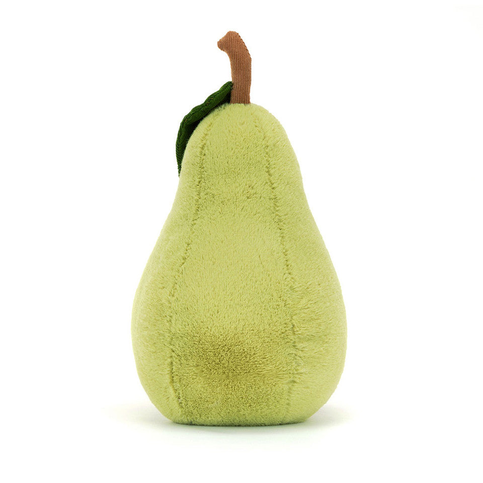 The Amuseables Pear by Jelly Cat Inc. is a plush toy with green fur, a brown stem, and a green leaf—perfect as a cute kitchen mascot, shown on a white background.