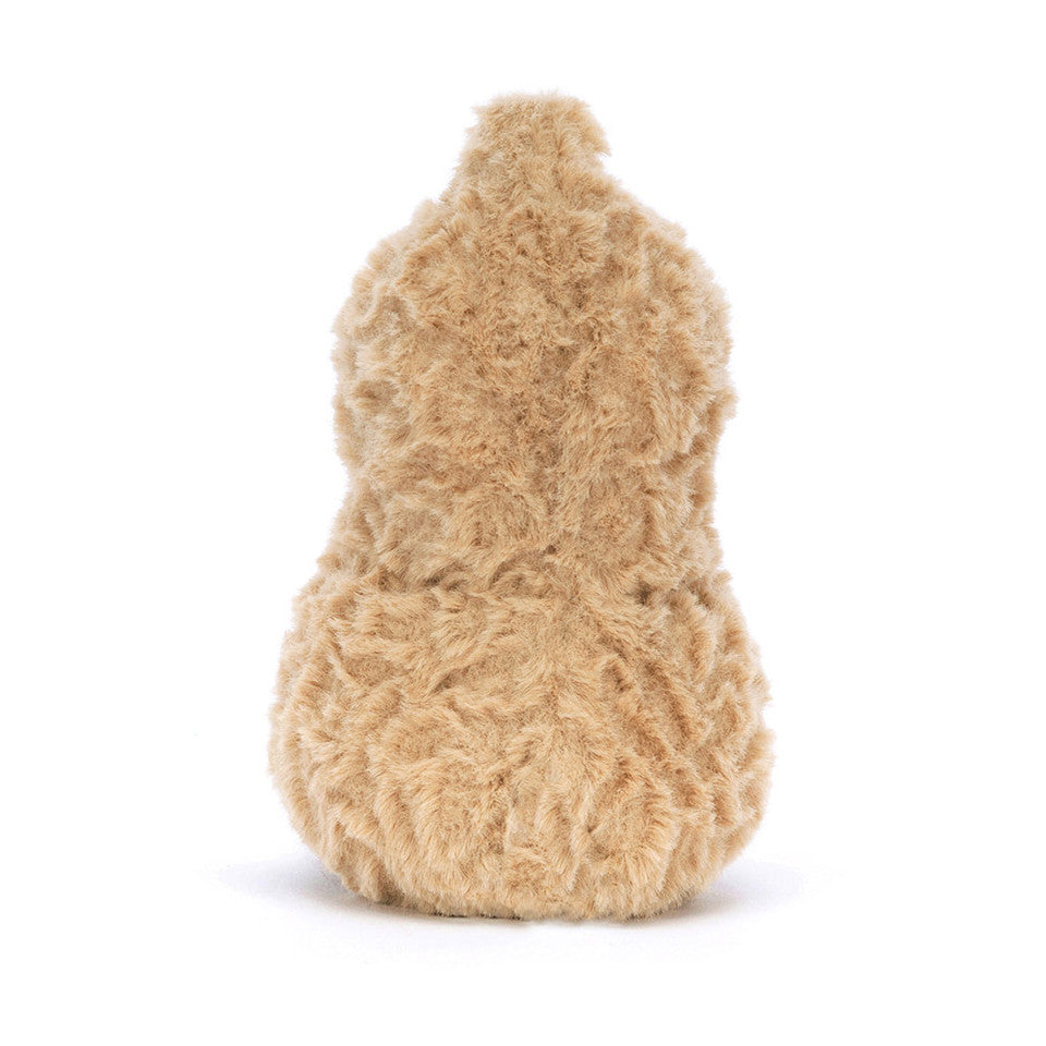 The Amuseable Peanut by Jelly Cat Inc. is a soft, light brown, fluffy plush toy shaped like a peanut, shown from the back against a white background.