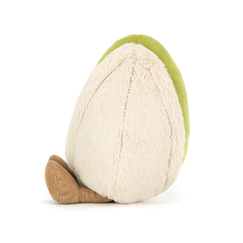 Meet the adorable Amuseables Horatio Pistachio by Jelly Cat Inc.—a plush toy shaped like a pistachio nut, featuring a light beige shell, green interior, and brown textured spot, shown here from the back.