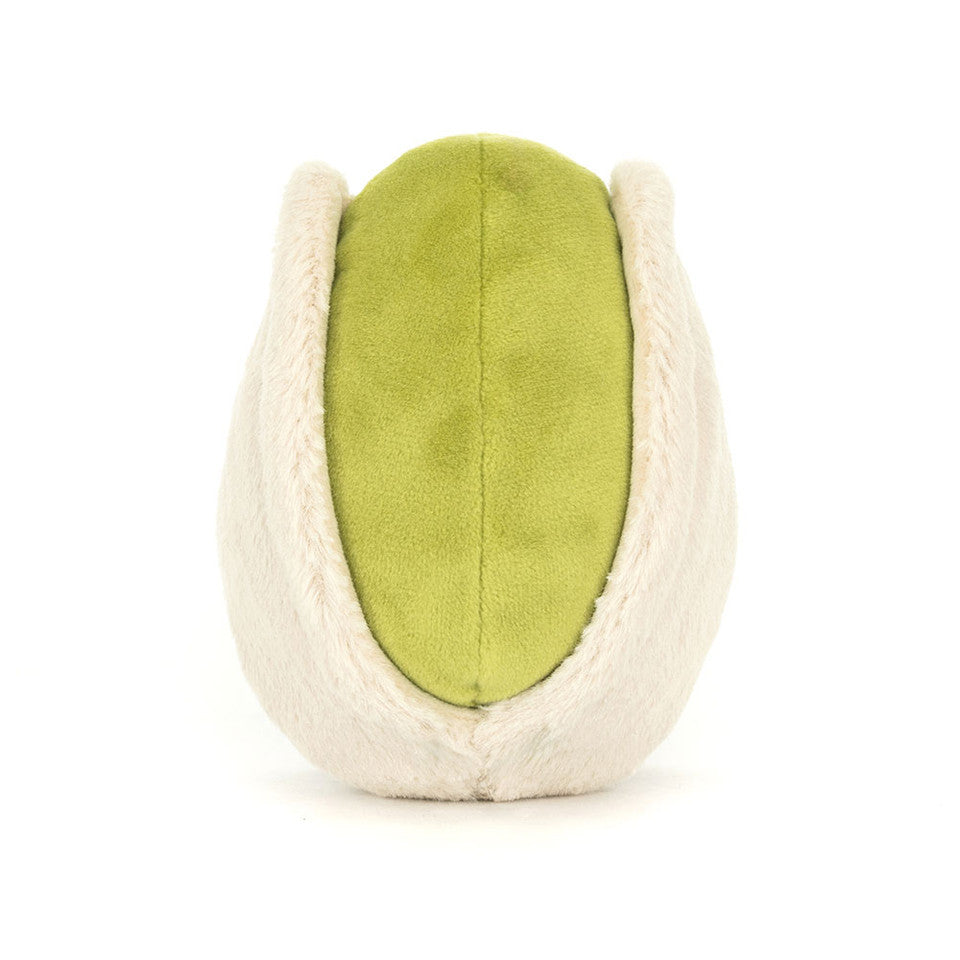 Amuseables Horatio Pistachio by Jelly Cat Inc. is a plush toy shaped like a pistachio nut, featuring a light green center and beige outer shell, displayed upright against a white background.