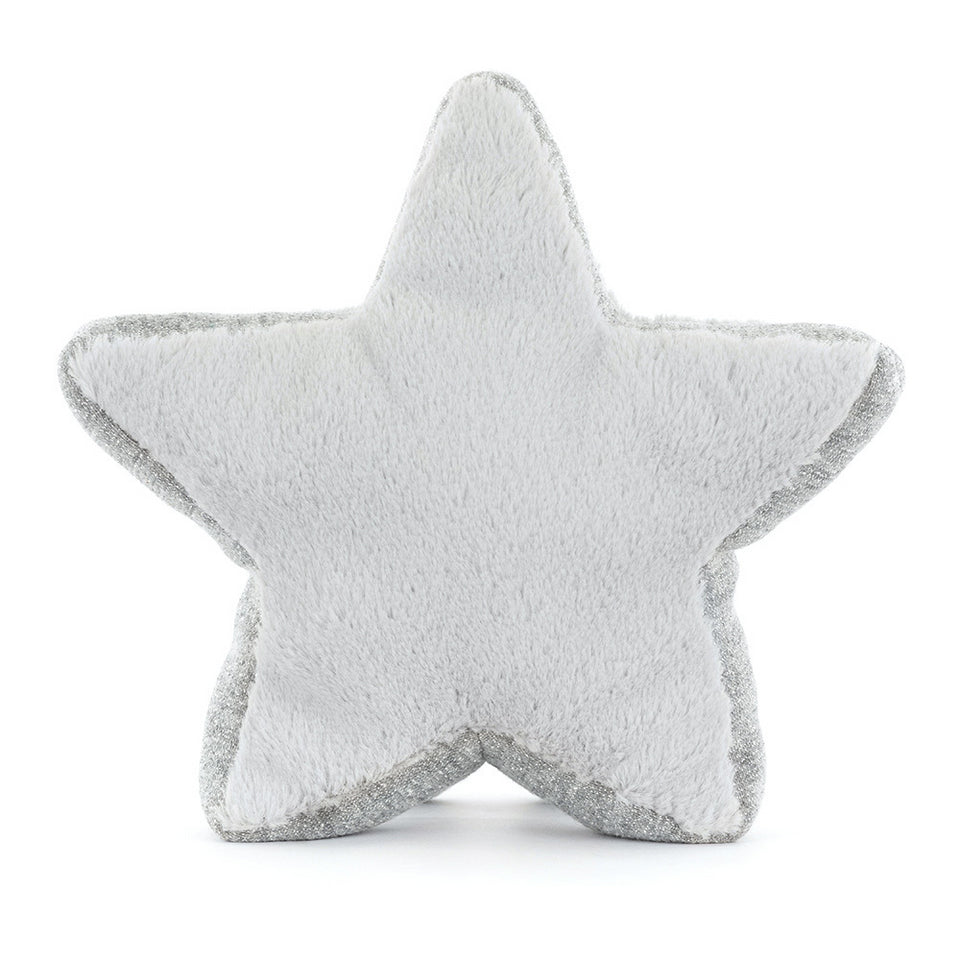 The Amuseables Silver Star by Jelly Cat Inc. is a soft, plush pillow shaped like a five-pointed star with light gray fabric and a darker gray outline—ideal for cozy nights or as a whimsical companion on any adventure.
