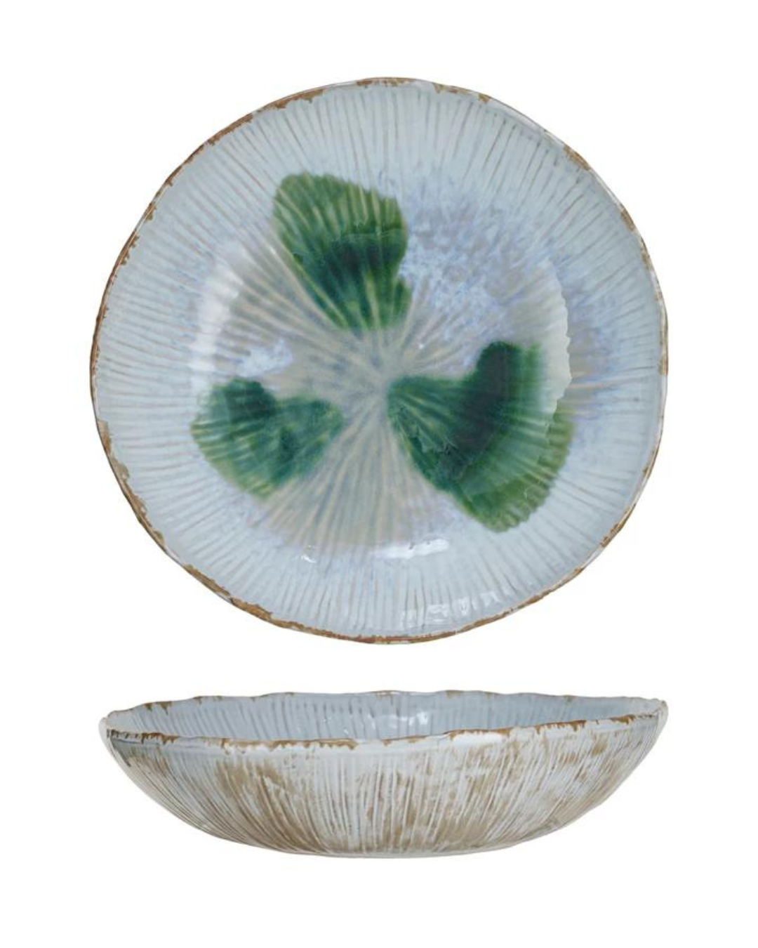 The Creative Co-op Crackle Glaze Bowls are a set of two stoneware pieces that showcase textured, radial grooves on their inner and outer surfaces. These bowls feature a harmonious white and light brown color palette accented with green, abstract leaf-like patterns at the center of their interiors. Both bowls are displayed from top and side views, making them an ideal addition to any farmhouse kitchen.