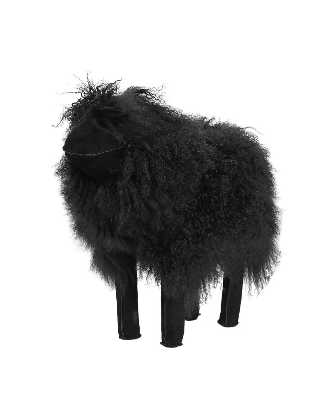 The Faire Tibetan Lamb Sheep features dense, curly black fur resembling genuine Tibetan Lamb wool. This minimalist plush stands on four legs without visible facial features, making it a chic and soft addition to a nursery against a plain white background.