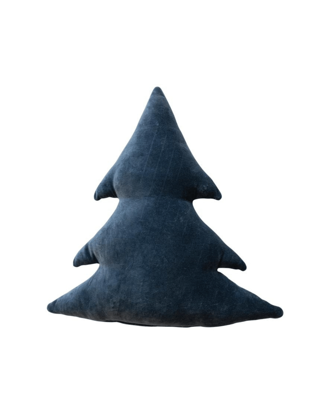 The Shag Star Pillow by Creative Co-op is a soft, plush tree-shaped pillow crafted from luxurious woven cotton velvet, featuring three layers of triangular branches. This dark blue Christmas tree pillow adds a touch of elegance to your holiday home decor.