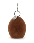 The Amuseables Coffee Bean Bag Charm by Jelly Cat Inc. is a round, brown, fluffy bag accessory with a metal ring, clasp, and a small silver tag—perfect for adding cute style to your bag.