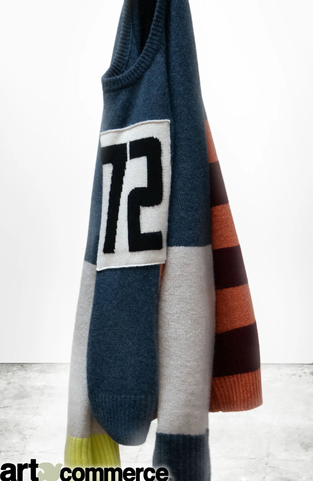 The CanyonKid 72' Cashmere Lux Crew by Free City (sparrow, LLC) is a unisex color-blocked sweater with blue, beige, orange, and maroon stripes, a bold "72" on the chest, and the "art commerce" logo in the lower-left corner.