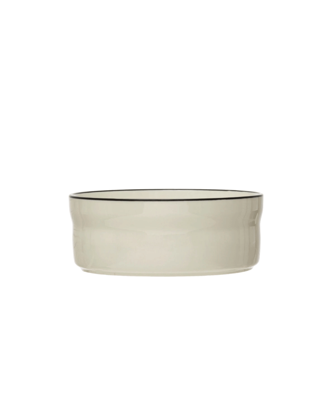 A Creative Co-op transparent glass pet bowl with a black rim, displayed against a white bungalow background.