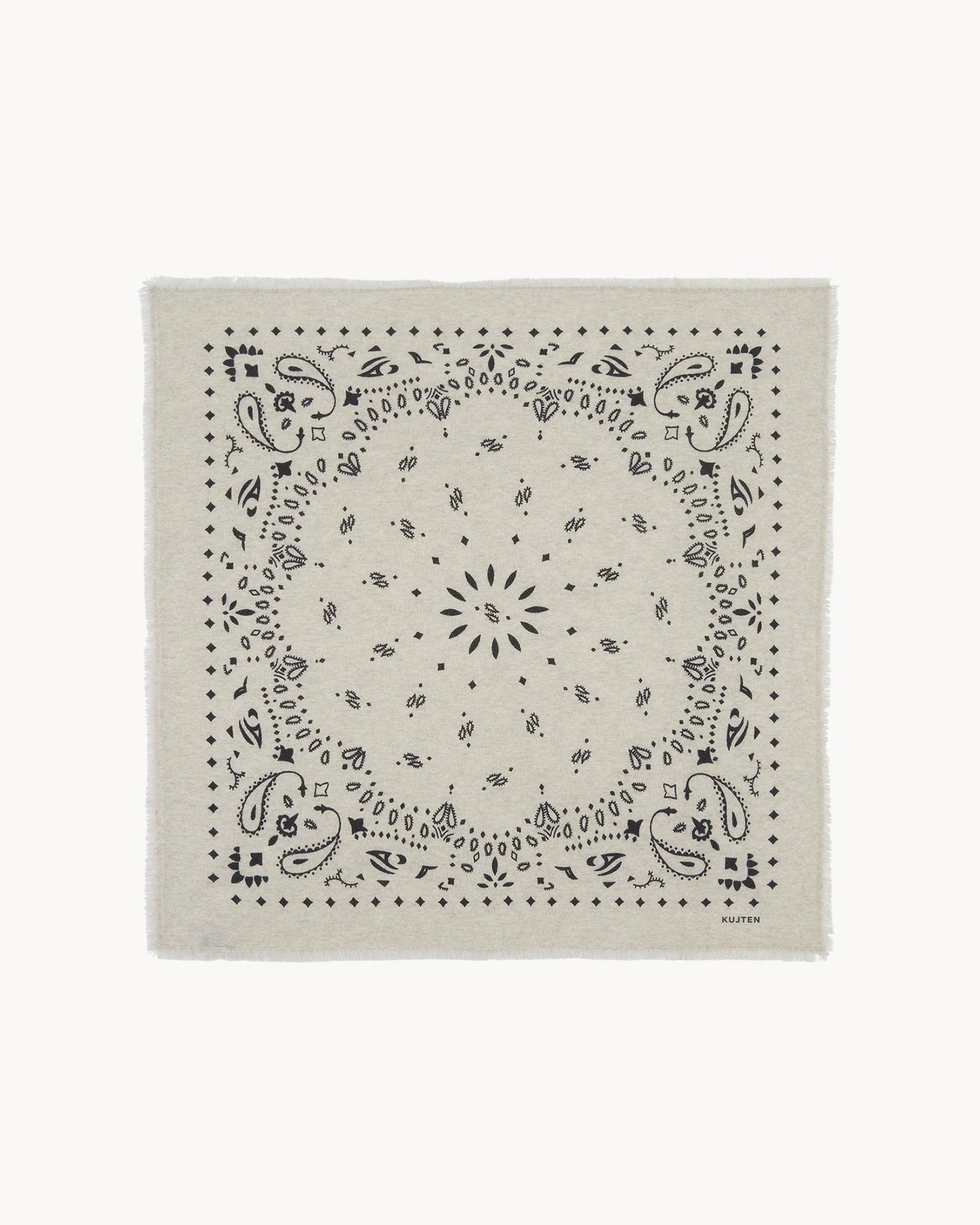 Cream scarf with black paisley pattern and fringed edges, KUJTEN Hachiko in Avoine, cashmere-inspired print.