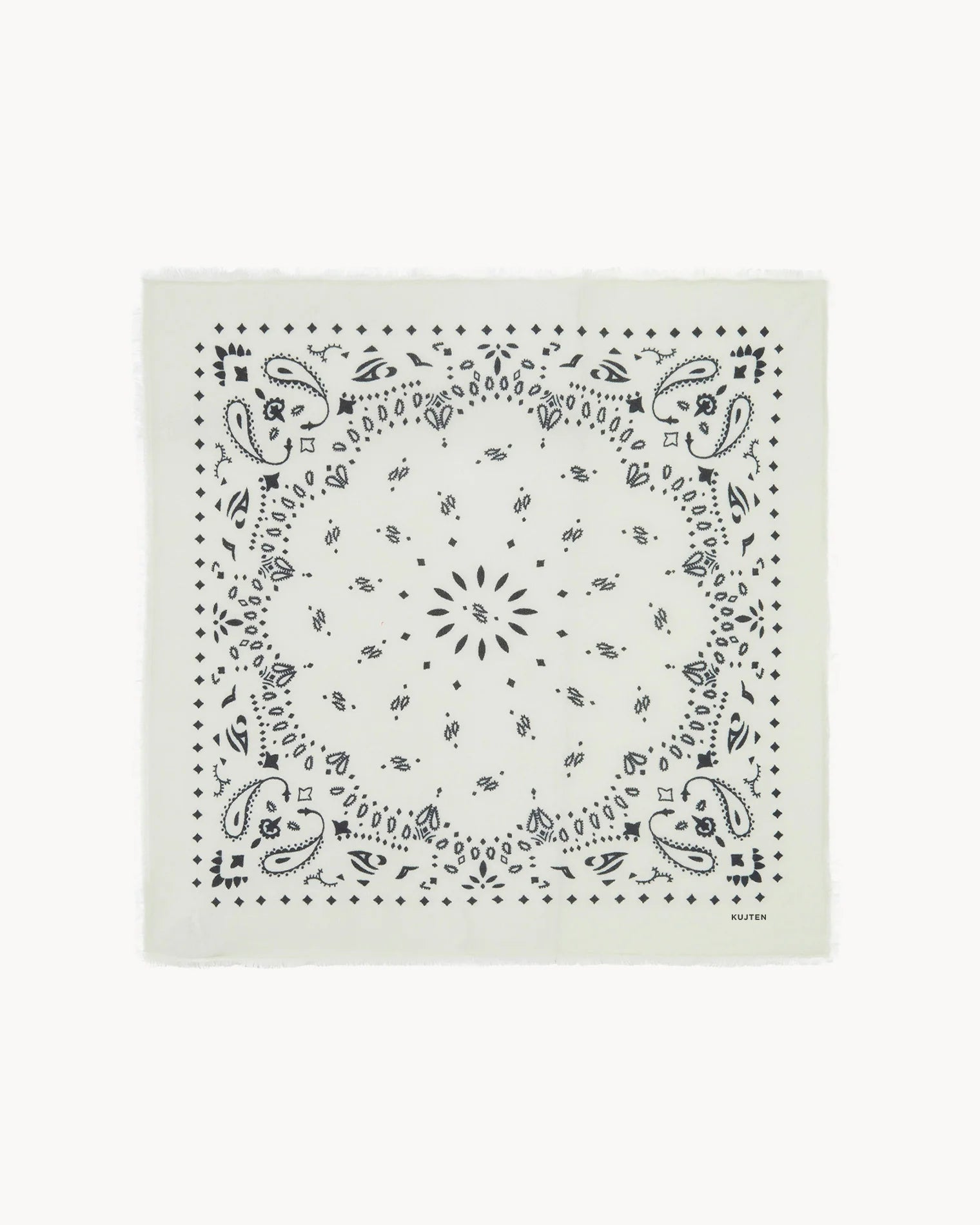 White scarf with black paisley and floral print, KUJTEN Hachiko in Blanc, cashmere-style accessory.