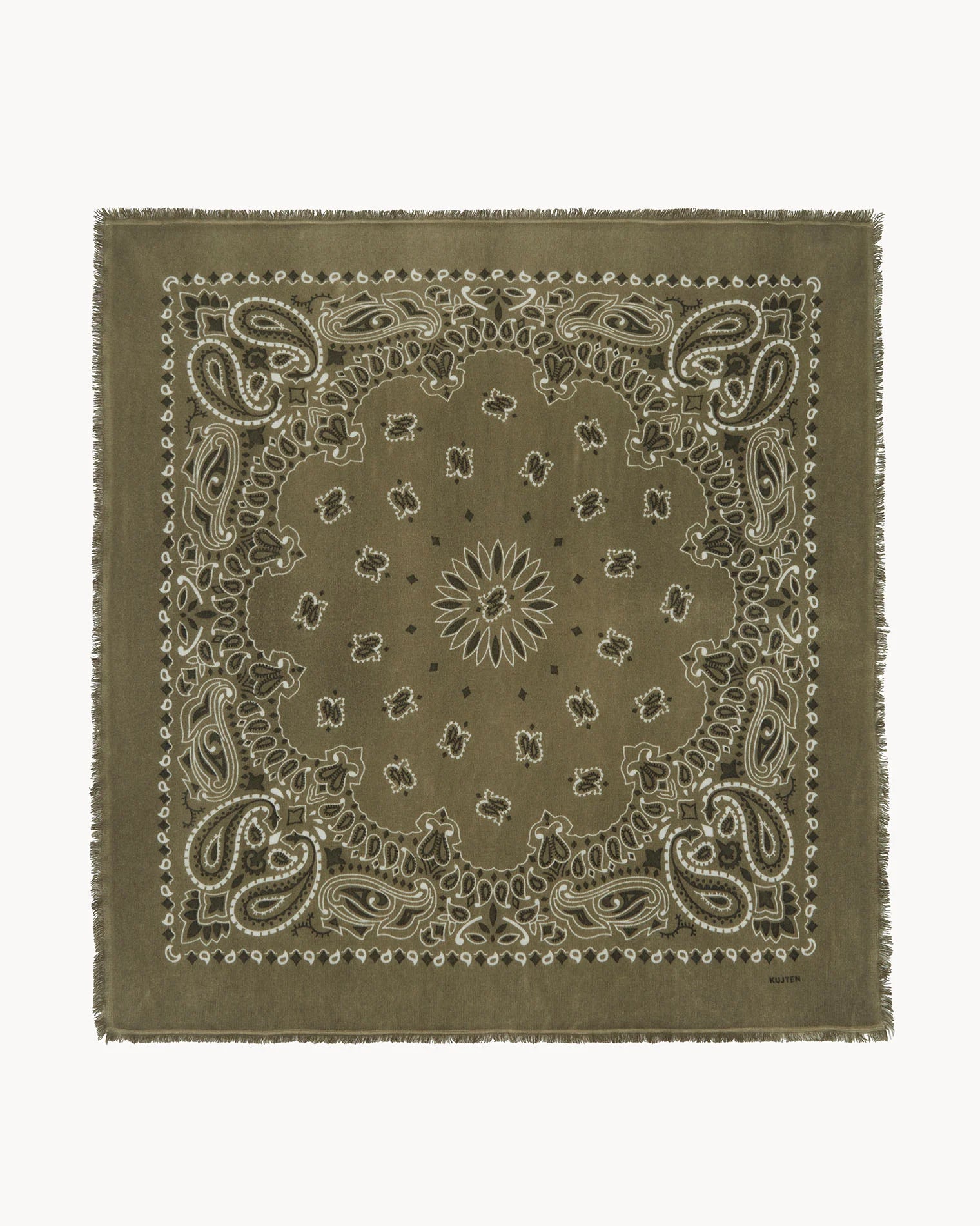 The KUJTEN Hachiko Scarf is a square olive green accessory with a white paisley and floral print, finished with frayed edges.