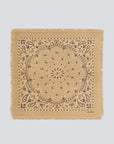 Tan cashmere bandana with brown paisley pattern and fringed edges by KUJTEN, Hachiko Bico.