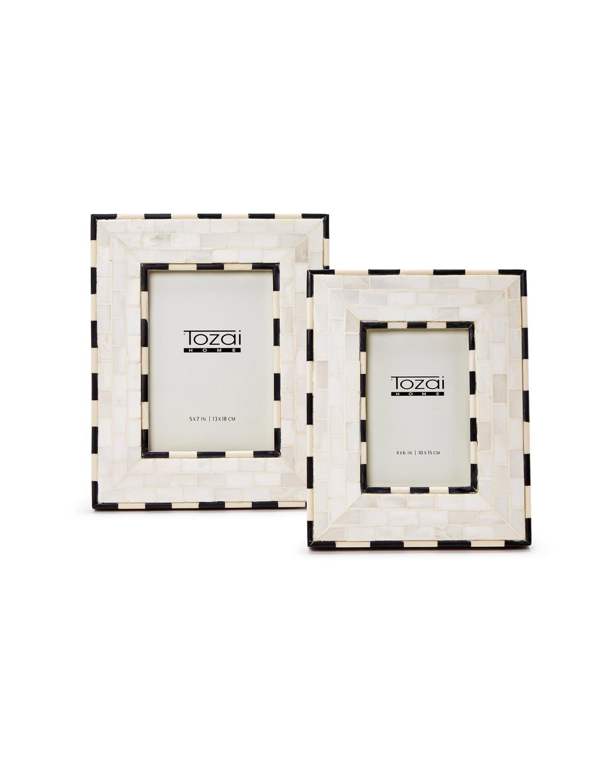 Two rectangular handmade "ARU022 Brick Pattern Photo Frame" by Two's Company with a stylish white and cream checkerboard border, sleek black edges, and varying sizes. Each features the brand name on the inner placeholder.