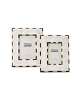 Two rectangular handmade "ARU022 Brick Pattern Photo Frame" by Two's Company with a stylish white and cream checkerboard border, sleek black edges, and varying sizes. Each features the brand name on the inner placeholder.