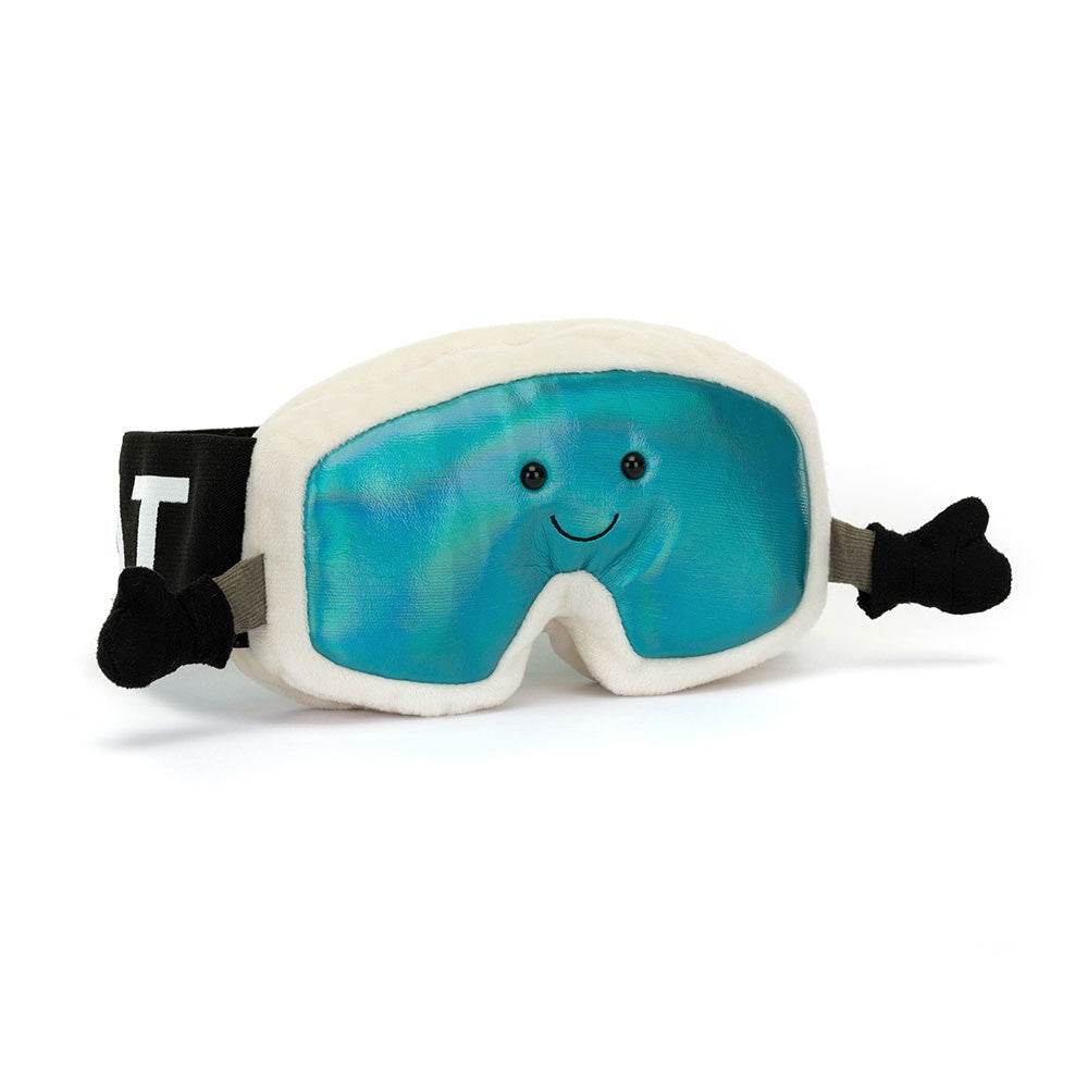 Jelly Cat Inc.'s amuseables ski goggles plush toy mimics ski goggles with holographic lenses and a smiling face, featuring suedette frames, white trim, and a black strap ending in playful hand shapes.