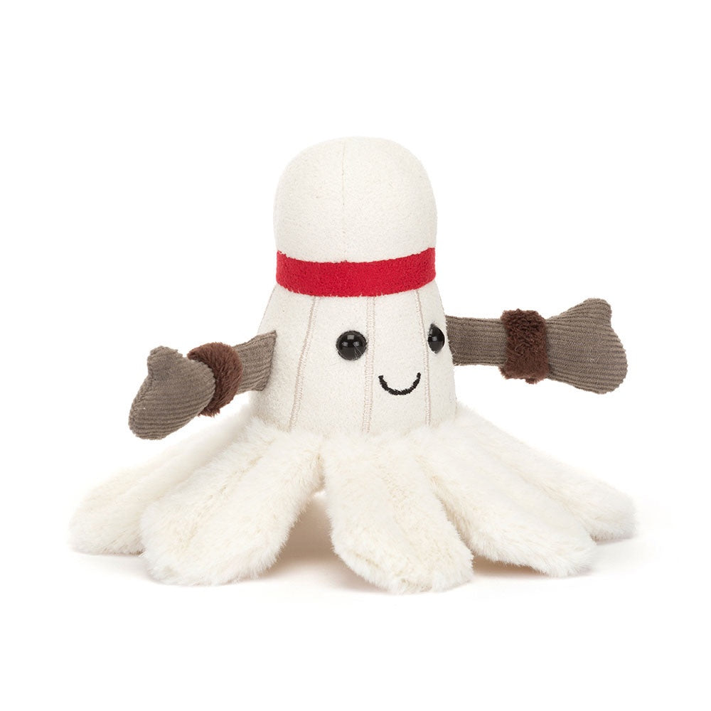 The Jelly Cat Inc. Amuseables Sports Badminton plush toy is designed like an octopus with a white, soft body and a smiling face. It sports a red headband and features two brown, glove-like appendages raised playfully, reminiscent of a shuttlecock prepared for badminton excitement.