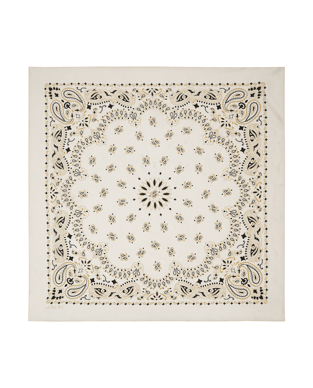 The Silk Bandana by The Great Inc. is a white silk accessory adorned with black and gold paisley and floral motifs, a bold central circular floral design, and ornate borders—a timeless homage to vintage bandanas.