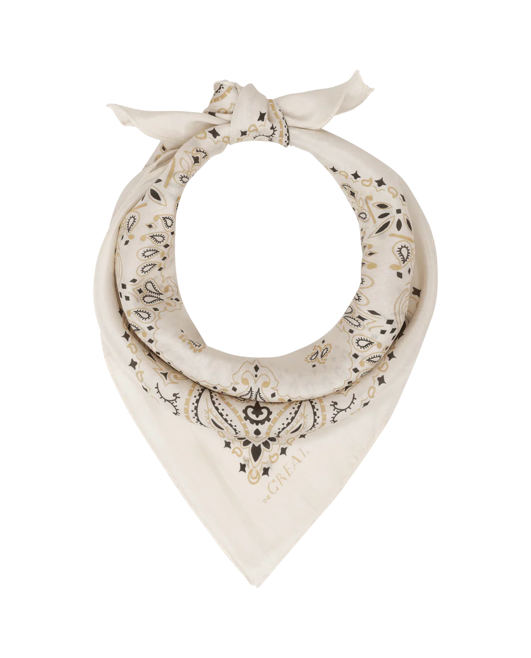 The Great Inc.'s The Silk Bandana, crafted from 100% silk in cream with a paisley pattern, is tied in a knot and displayed on a white background—ideal for vintage bandana enthusiasts.