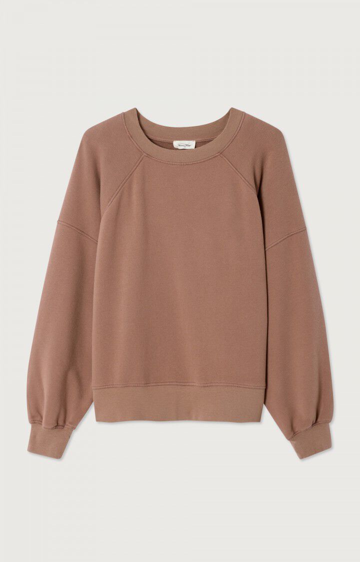 The Atubay Sweatshirt by American Vintage is a brown, oversized, long-sleeve top with ribbed cuffs, hem, and collar, shown against a light background.
