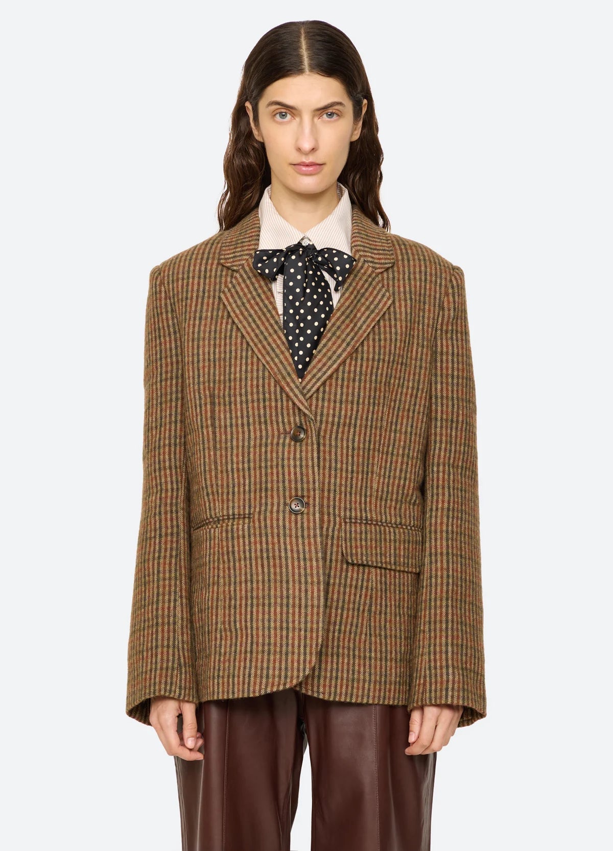 Julia Plaid Wool Blazer by Sea New York with polka dot tie, styled for a modern look against a neutral background.