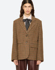 Julia Plaid Wool Blazer by Sea New York with polka dot tie, styled for a modern look against a neutral background.