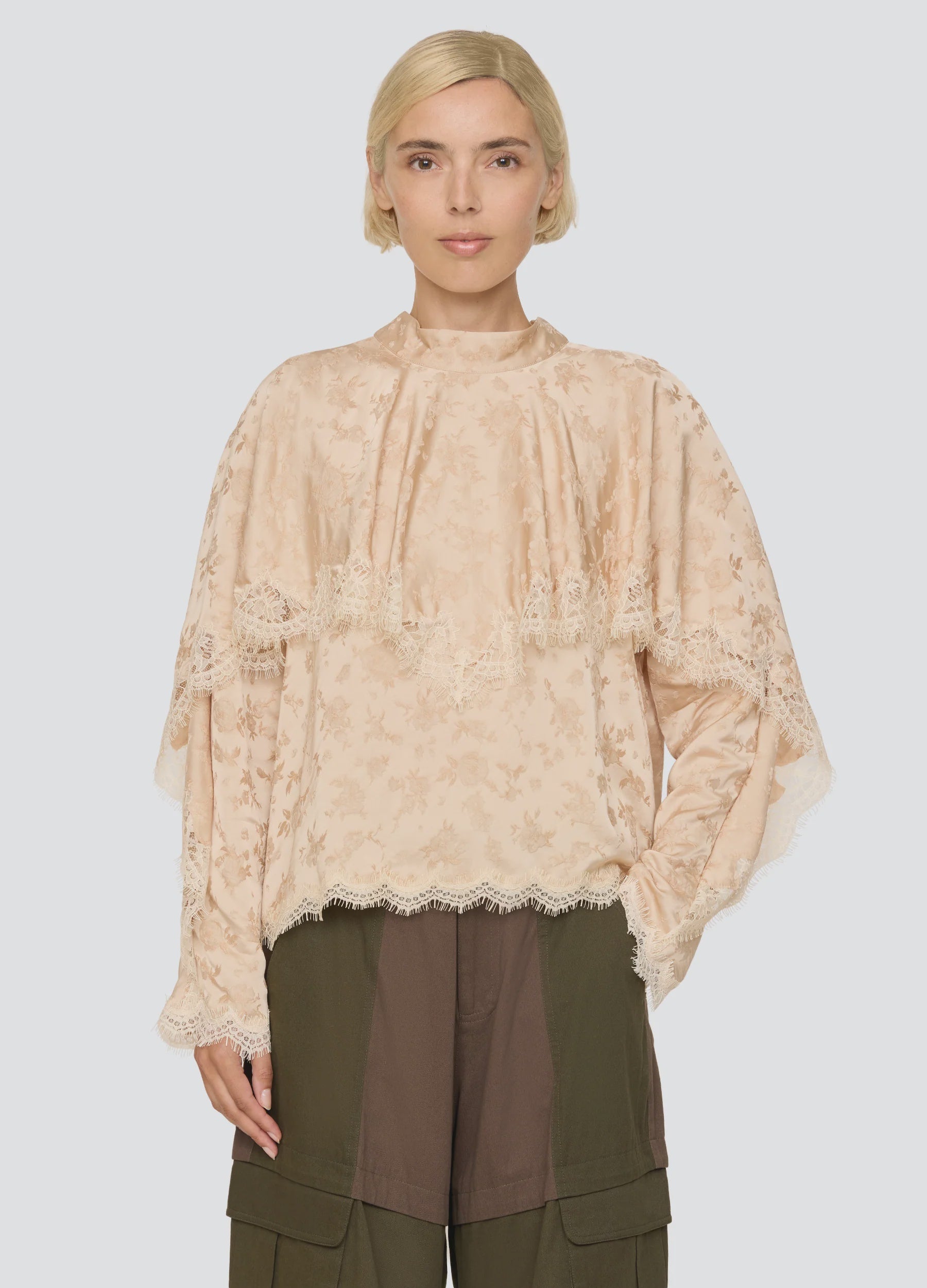 Shay Lace LS Top by Sea New York paired with brown-green cargo pants, styled for a casual modern look.